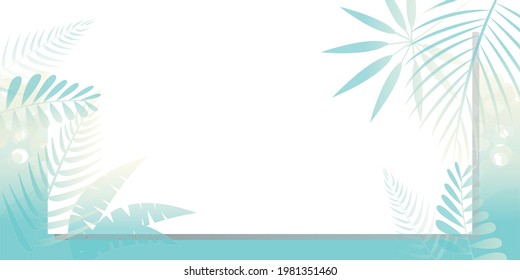 Cool summer concept template. Summer Beach and waves decoration with tropical leaves. Summer event, Vacation, Promotion background design, banner. Vector illustration.