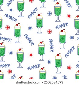 Cool Summer Cream Soda Drink and Sun Pattern Art. Ideal for summer-themed designs, packaging, and promotional materials, this pattern captures the essence of a cool and delightful summer drink.