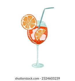 Cool Summer Drink. Aperol Spritz Cocktail. Glas mit Getränken, Stroh und orangefarbenen Scheiben. OrangensaftLimonade. Traditioneller italienischer Aperitif. Vektorgrafik. 