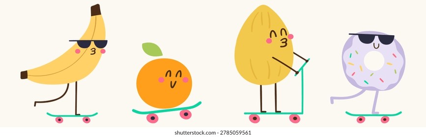 Cool summer food characters set with banana orange almond and donut riding skateboards for kids streetwear prints