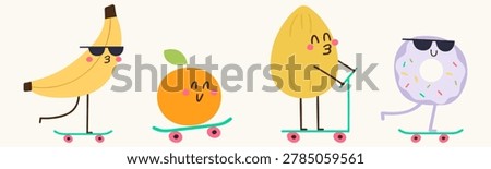 Cool summer food characters set with banana orange almond and donut riding skateboards for kids streetwear prints