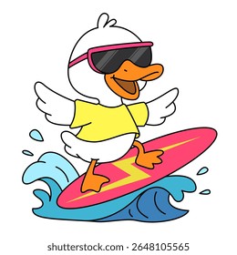 Cool Summer Goose Surfing – Cartoon Animal with Sunglasses and Surfboard Vector