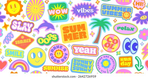 Cool Summer Groovy Stickers Collage Funny Seamless Pattern. Pop Art Y2k Background.
