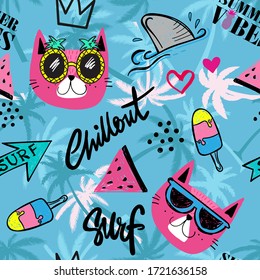 cool summer pattern with cats, and hand drawn elements. Cartoon background for kids , textile, wrapping paper, and more
