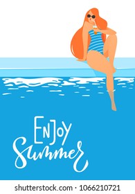 Cool summer pool party poster with young sexy woman drinking cocktail