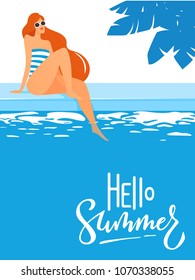 Cool summer pool party poster with young sexy womansitting near swimming pool with hello summer text