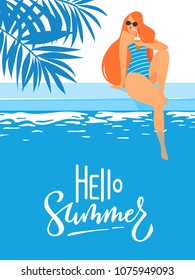 Cool summer pool party poster with young sexy woman drinking cocktail and hello summer text