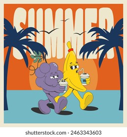 A cool summer poster with cartoon fruits on the beach in a trendy retro style of the 50s, 60s-70s. Social media cover, T-shirt print, card.Vector illustration.