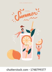 Afiche de verano frío con naranja, bebida de cal o mojito. Mujer y hombre divirtiéndose. Ilustración de vectores planos con correlación  