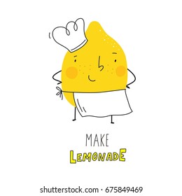 Cool summer print with cartoon lemon. Make lemonade
