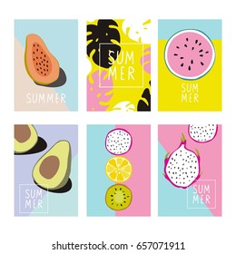 Cool summer print with Exotic fruits. Papaya, dragon fruit, avocado, kiwi, lemon, watermelon
