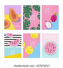 Cool summer print with Exotic fruits. Papaya, dragon fruit, avocado, kiwi, lemon, watermelon
