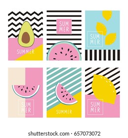 Cool summer print with Exotic fruits. Papaya, dragon fruit, avocado, kiwi, lemon, watermelon