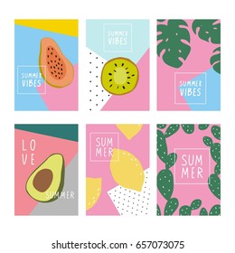 Cool summer print with Exotic fruits. Papaya, dragon fruit, avocado, kiwi, lemon, watermelon