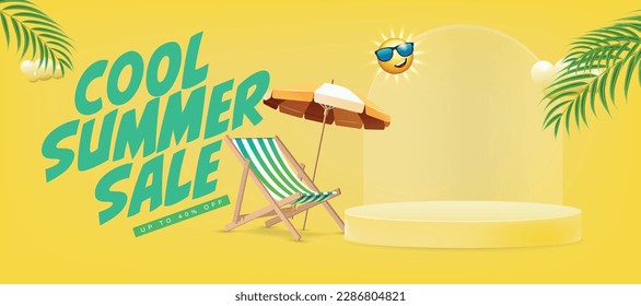 cool summer sale offer banner template with product podium, Beach chair, deck chair,  parasol, beach umbrella, sunshade