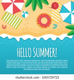 Cool summer sea and beach. Hello Summer banner. Top view of Summer beach with sun umbrella, rubber ring in donut form, picnic mat,  coconut tree, hat and sea wave on sandy beach.