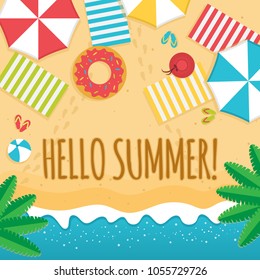 Cool Summer Sea And Beach. Hello Summer Banner. Top View Of Summer Beach With Sun Umbrella, Rubber Ring In Donut Form, Picnic Mat,  Coconut Tree, Hat And Sea Wave On Sandy Beach.