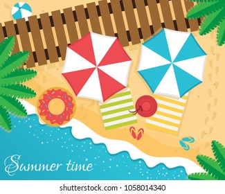 Cool summer sea and beach. Hello Summer banner. Top view of Summer beach with sun umbrella, rubber ring in donut form, picnic mat, coconut tree, hat and sea wave on sandy beach.