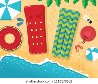 Cool summer sea and beach. Hello Summer banner. Top view of Summer beach with sun umbrella, rubber ring in watermelon form, inflatable mattress, coconut tree, hat and sea wave on sandy beach.