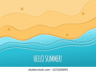 Cool summer sea and beach. Paper cut Hello Summer banner. Top view of Summer beach with sun umbrella, rubber ring in donut form, picnic mat, coconut tree, hat and sea wave on sandy beach