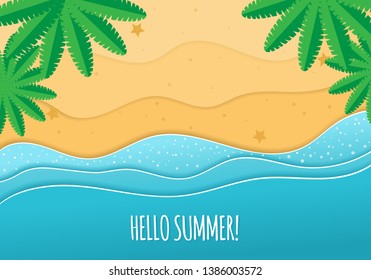 Cool summer sea and beach. Paper cut Hello Summer banner. Top view of Summer beach with sun umbrella, rubber ring in donut form, picnic mat, coconut tree, hat and sea wave on sandy beach