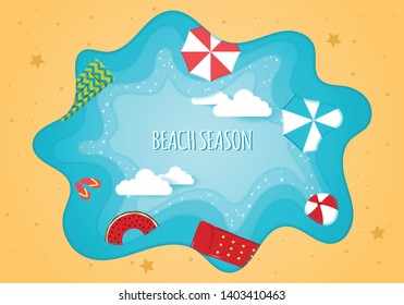 Cool summer sea and beach. Paper cut Hello Summer banner. Top view of Summer beach with sun umbrella, rubber ring in donut form, picnic mat, coconut tree, hat and sea wave on sandy beach