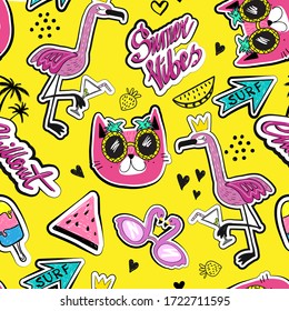 Cool summer seamless pattern with flamingos, cat, watermelon. Sticker background for girls. for textile, kids graphic tees, wrapping paper and more 
