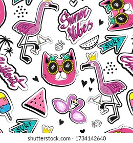 Cool summer seamless pattern with flamingos, cat, watermelon. Sticker background for girls. for textile, kids graphic tees, wrapping paper and more 
