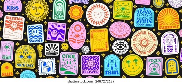 Cool Summer Stickers Pop Art Collage. Set Of Y2k Trendy Patches. Groovy Design Elements Vector Illustration. Cute Bacground Pattern.