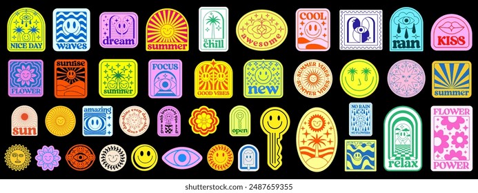 Cool Summer Stickers Pop Art Collage. Set Of Y2k Trendy Patches. Groovy Design Elements Vector Illustration.