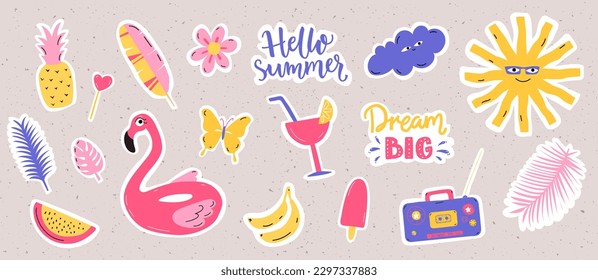 Pegatinas frescas de verano, hojas tropicales, flotación inflable de flamingo, sol y frutas. Ilustraciones vectoriales del diario retro.