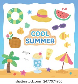 cool summer vacation beach travel items illustration
