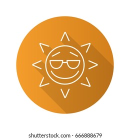 Cool sun smile flat linear long shadow icon. Summertime. Good mood emoticon. Vector outline symbol