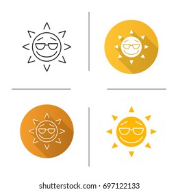 Cool sun smile icon. Flat design, linear and glyph color styles. Summertime. Good mood emoticon. Isolated vector illustrations