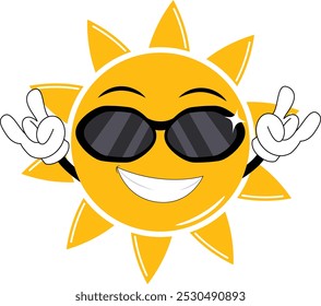 Cool Sun with Sunglasses Smiling Brightly and Making Rock Hand Sign. Groovy Y2k Graphic	