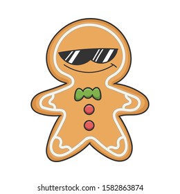 Cool sunglasses Christmas holiday ginger bread cookie cartoon character isolated on white