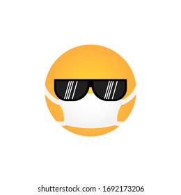 Cool sunglasses emoticon with medical mask isolated on white background. Coronavirus protection concept. Emoji flat design for social media chat, web, infographics, apps. Vector illustration