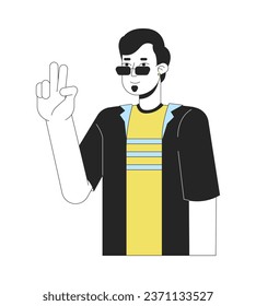 Cool sunglasses man peace sign hand 2D linear cartoon character. Two fingers gesture isolated line vector person white background. Taking selfie. Body language. Mood fun color flat spot illustration