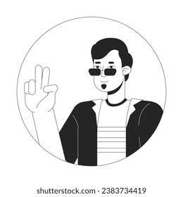 Cool sunglasses man peace sign hand black and white 2D vector avatar illustration. Caucasian guy taking selfie outline cartoon character face isolated. Body language. Mood fun flat user profile image
