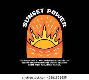 Cool sunset landscape with sunset power typography, illustration for logo, t-shirt, sticker, or apparel merchandise. With doodle, retro, groovy, and cartoon style.