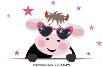 Vaca súper estrella fresca con gafas de sol de corazón asomando