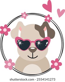 Cool super star dog in round frame with flowers
