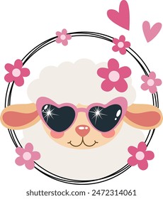 Cool super star sheep in round frame with flowers
