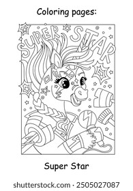 A cool Super Star unicorn with a microphones. Kids coloring book page. Vector cartoon illustration on white background. Linear drawing. For colorings, prints, posters, stickers, puzzle