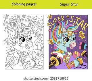 A cool Super Star unicorn with a microphones. Kids coloring book page with color template. Vector cartoon illustration on white background. Linear drawing. For coloring, print, poster, sticker, puzzle