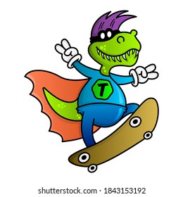 Cool superhero dinosaur on skateboard. Funny vector cartoon tyrannosaurus. Design for print, emblem, t-shirt, party decoration, mascot, sticker, logotype