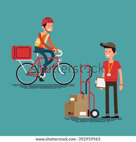Cool supply chain shipment workers people. Courier character with delivery cart with boxes, and bicycle delivery man. Local shipping and logistics service in business and industry
