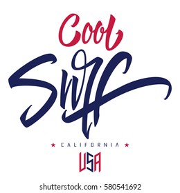 Cool surf print T-shirts. Vector creative handmade inscription.