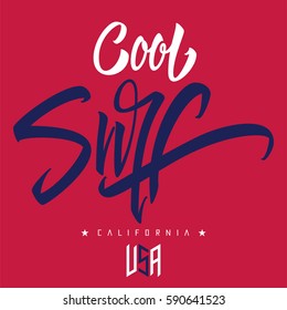 Cool surf print T-shirts. Vector creative handmade inscription.