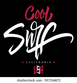 Cool surf print T-shirts. Vector creative handmade inscription.